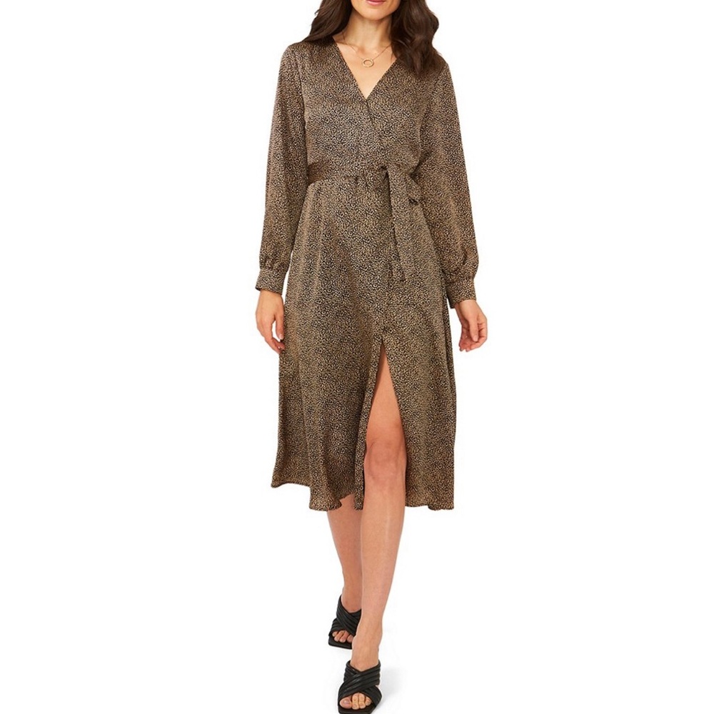 Vince Camuto Wrap Front Cheetah Print Thigh High Slit Midi Dress